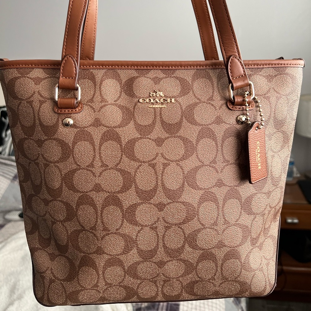 Coach Signature PVC Zip Top Tote - Khaki & Saddle